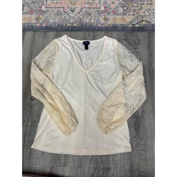 Daytrip Tops - Daytrip Womens Ribbed V-Neck Top Cream Lace Balloon Sleeve Blouse Ivory Large